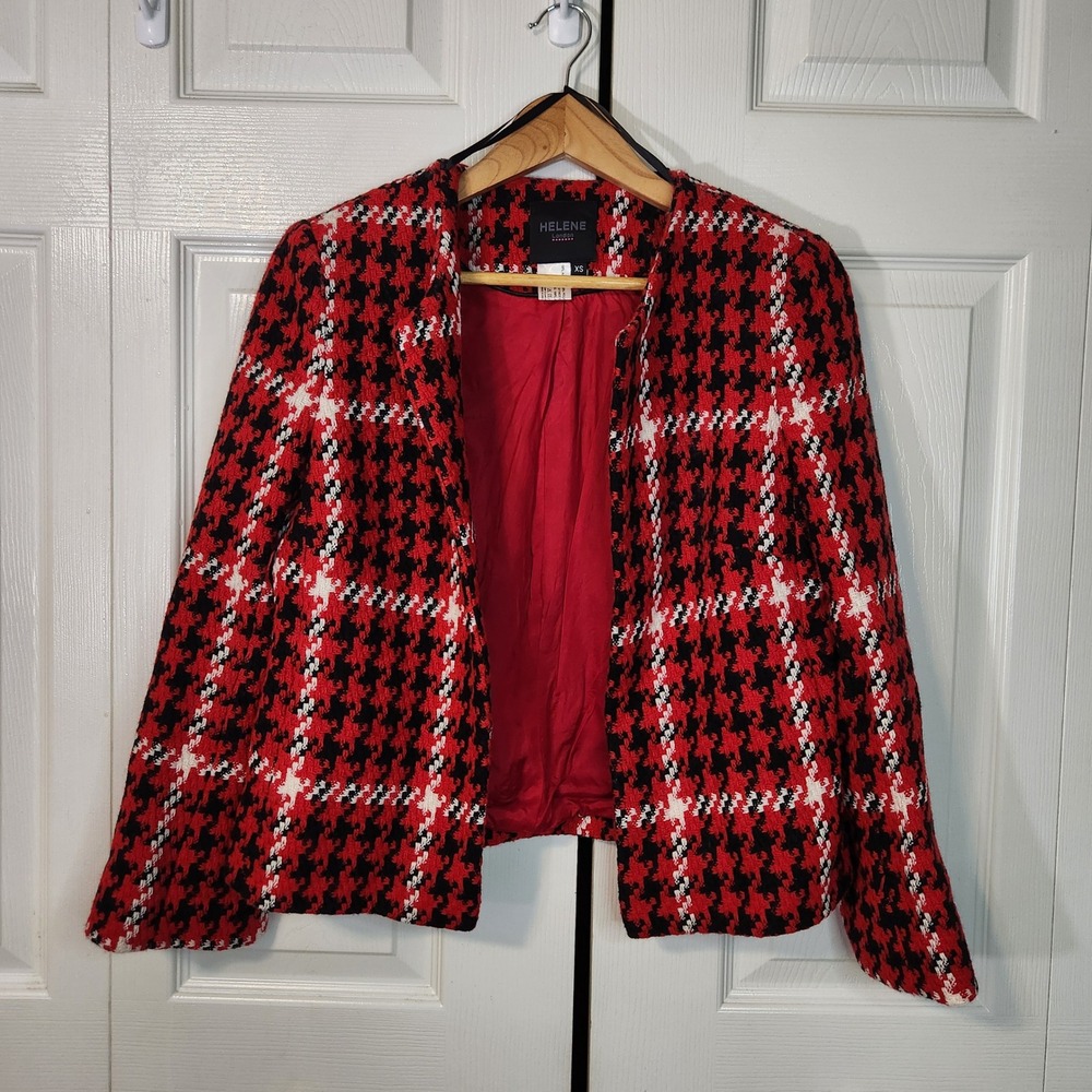 Helene London Womens Red Black Houndstooth Tweed Open Front Blazer Jacket XS